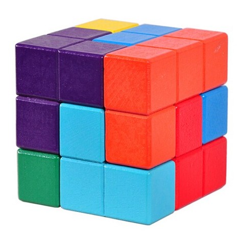 casse tête en bois cube multicolore