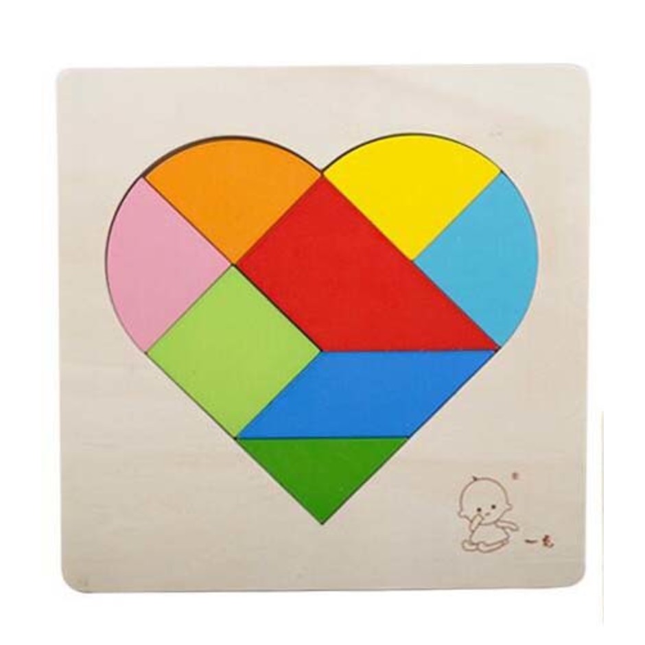 tangram en bois cœur multicolore